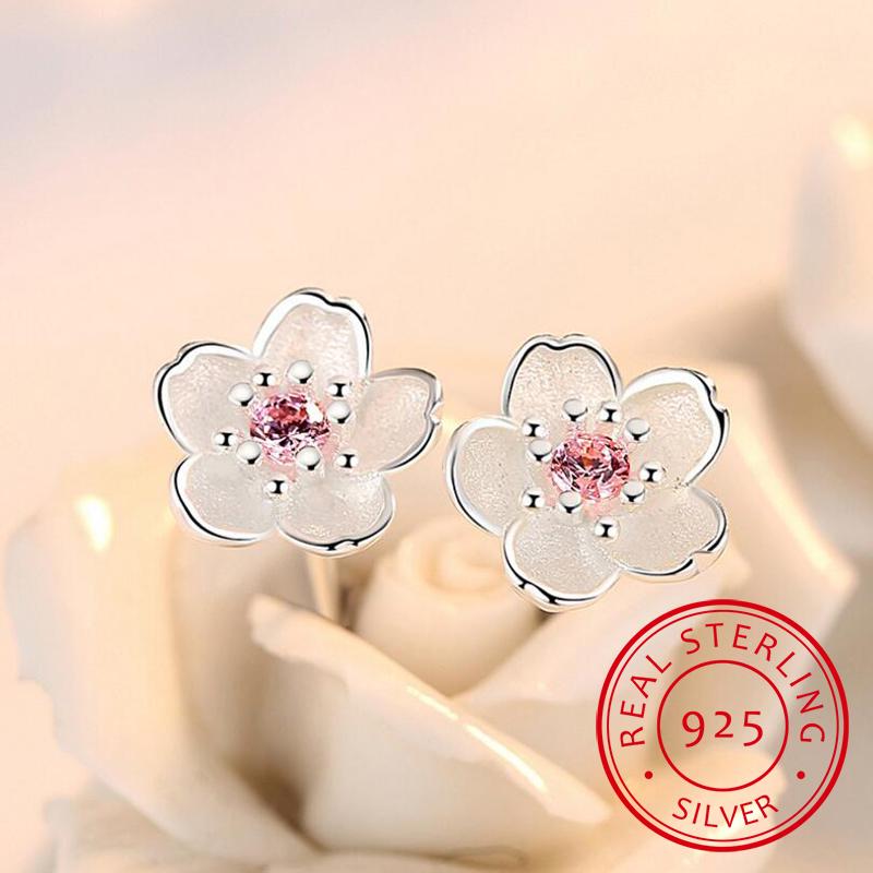 

Stud Silver 925 Jewelry Sterling Earrings Cherry Blossom Inlaid Pink Zirconia Ear Studs Simple And For Women