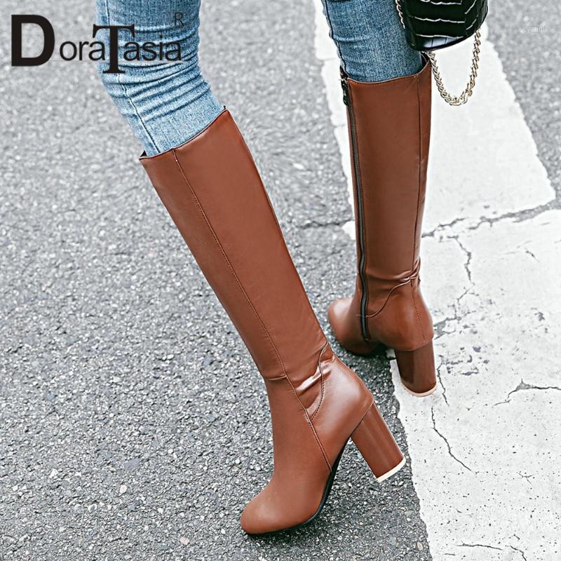

DORATASIA Lady Fashion Solid High Heels Mid Calf Boots Brand Boots Women Zipper Round Toe Casual Daily Designer Shoes Woman1, Brown