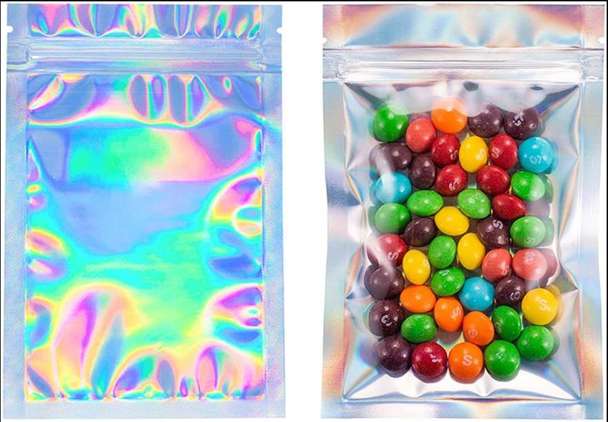 

Smell Proof Bags Resealable Foil Pouch Bag Flat laser color Packaging Bag for Party Favor Food Storage Holographic Colors