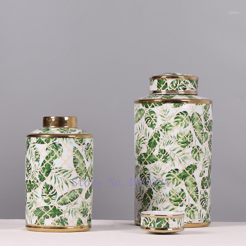 

Creativity Ceramics Vase with Cover Golden Leaves Storage Jar Desktop Storage Bottle Modern Home Crafts Decoration Flower Vases1