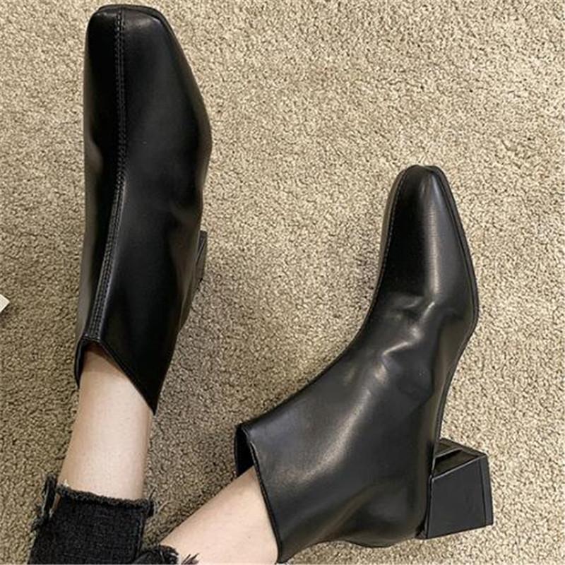 

Winter Leather Ankle Boots For Women Square Toe Fashion Shoes Plush Warm Short Boots Zipper Square Heels Comfortable Lady Shoes, Black