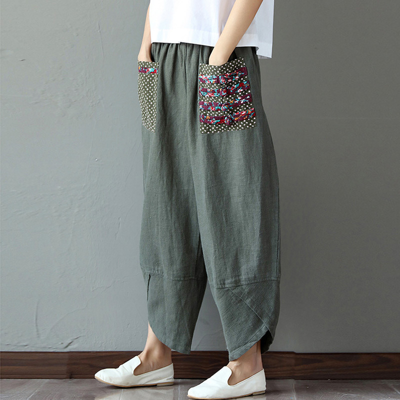 

Wide Leg Harem Pants Trousers Chinese Style Women Ethnic Vintage Patchwork Elastic Waist Loose Long Cotton Linen Pants 201106, Khaki