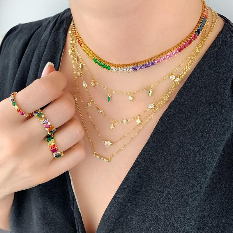 

2020 gorgeous stunning multi layer chain gold color coin geometric choker statement fashion collar rainbow colorful cz necklaces