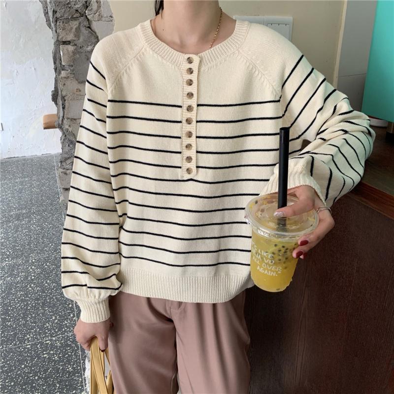 

CYJR New 2021 Autumn Winter Women Sweater V-Neck Buttons Knitted Pullovers Striped Casual Fashionable Wild Tops, Black
