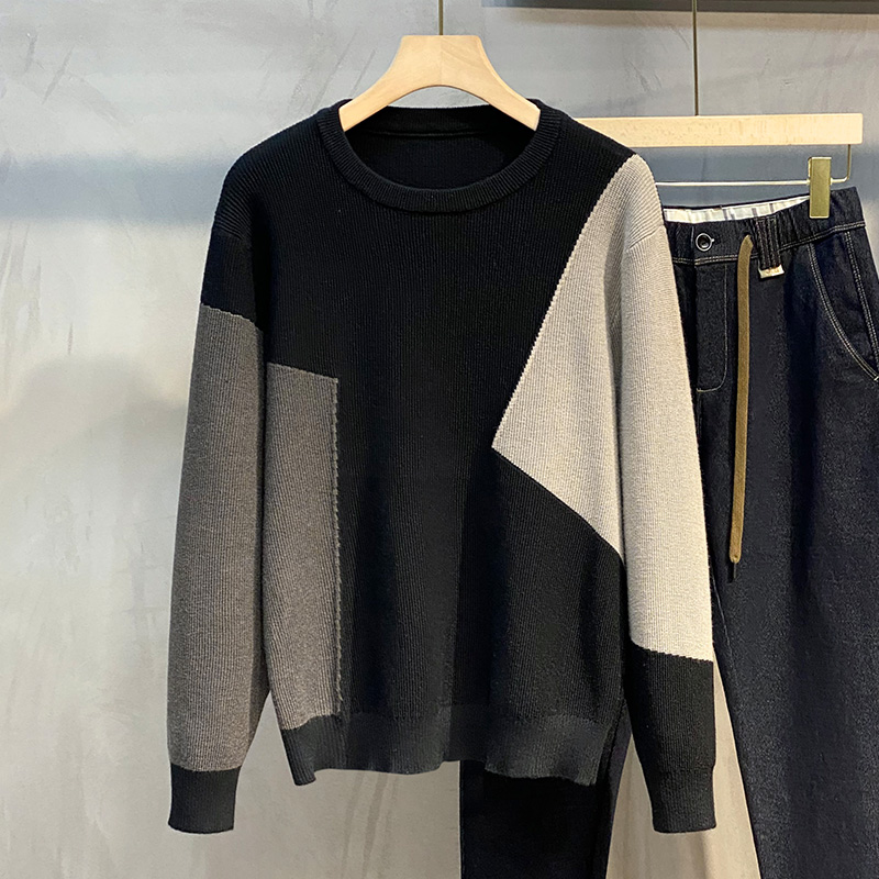 

21FW Classic High End Color Matching Stitching Sweater For Men Women Couples Autumn Winter Warm Crewneck Sweatshirts Street Fashion Knitting Pullover TJMJYWY407, Coffee