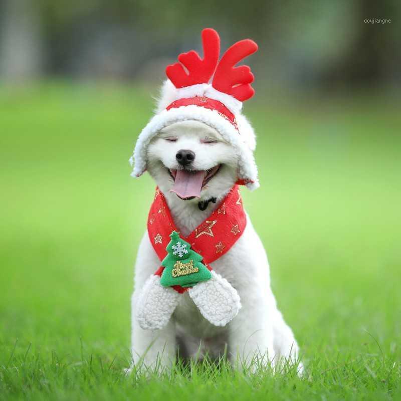 

Dogs Christmas Costume Accessories Warm Pet Red Hat Scarf Set Removable Antler Hat1