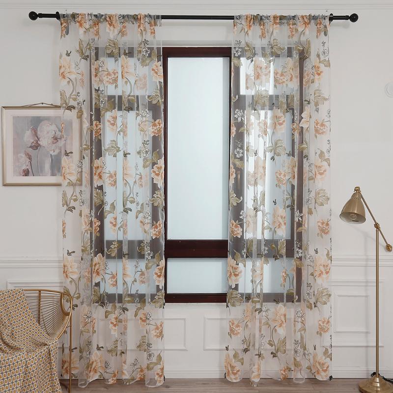 

Household Floral Curtains for Kitchen Living Room Window Sheer Curtain Bedroom Color Curtains Decoration Voile Panel Drapes, Yellow