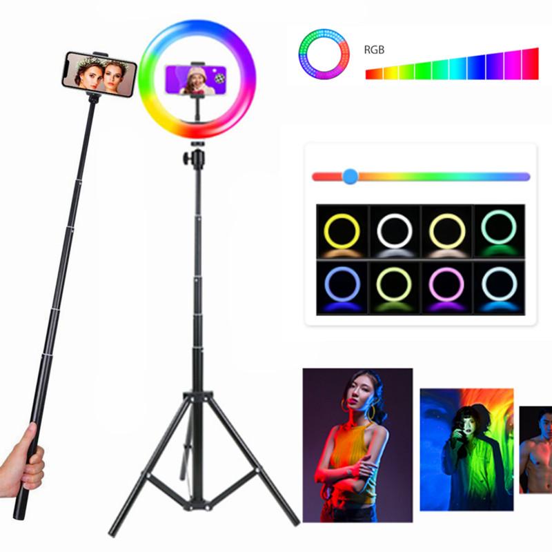 

RGB Rainbow Ring Light Selfie Stick Lamp With Tripod Holder Stand Phone Clip For Youtube Live Colorful Photography Lighting Kits