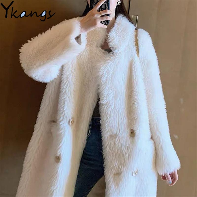 

Imitation Lamb Fur Solid Color Women' Long Coat New Korean Warm Plus Velvet Thick Winter Clothing Fashion Loose Plush Jacket, Beige