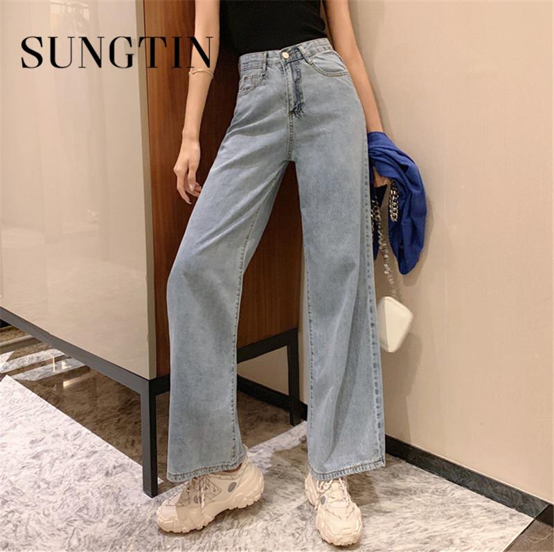 

Sungtin Korean Spring Jeans Woman High Waist Straight Pants Wide Leg Female Loose Long Pants Casual Blue Denim Trousers Vintage, Light blue