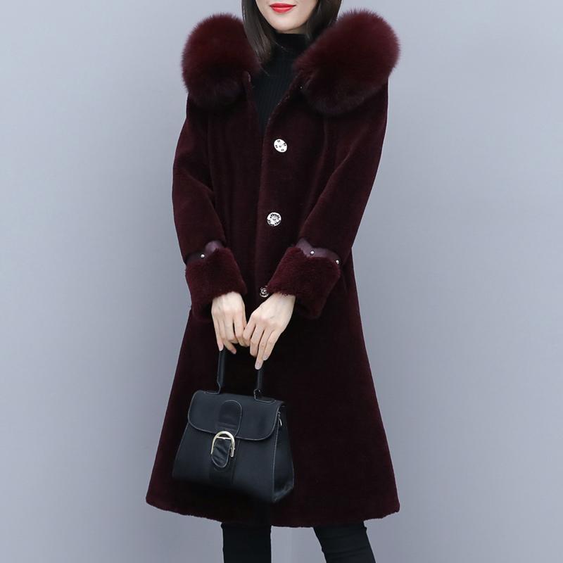 

New Winter Wool Fur Coat Fur Collar Hooded Female Jacket Elegant Mid-Length Slim Coats Women Sheep Shearing Coat