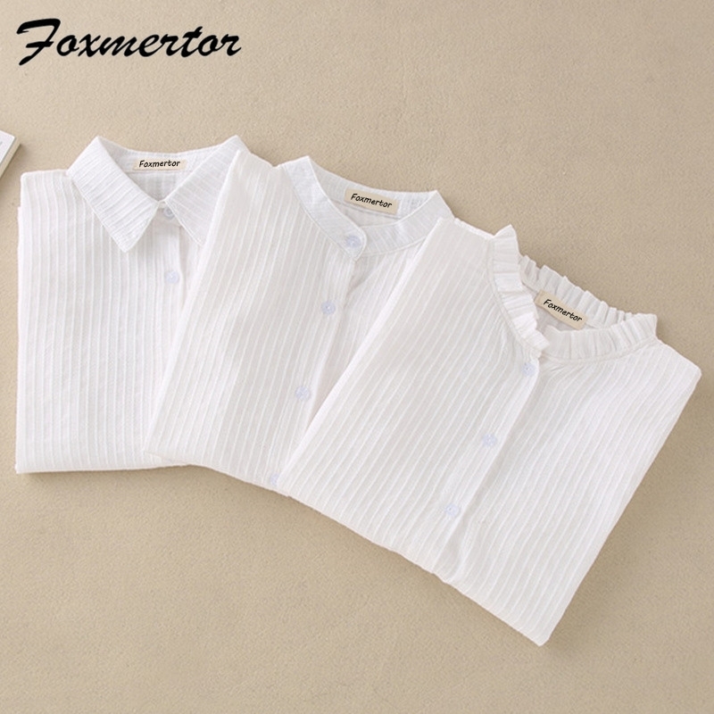 

Foxmertor 100% Cotton White Blouse Shirt Spring Autumn Blouses Shirts Women Long Sleeve Section Casual Tops Solid Pocket 201201, 57