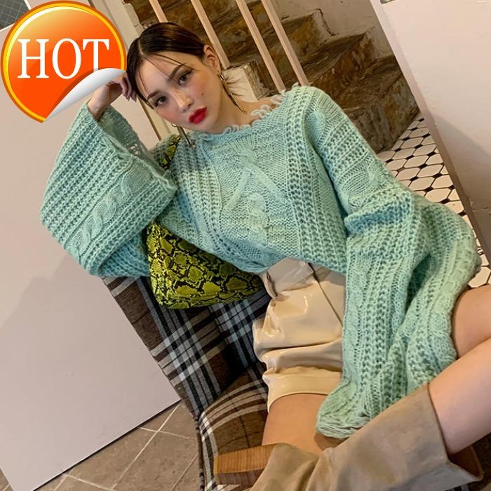 

your Gate fashionable loose hook lace Lantern Sleeve sleeve head twist texture Knitted Top, Green