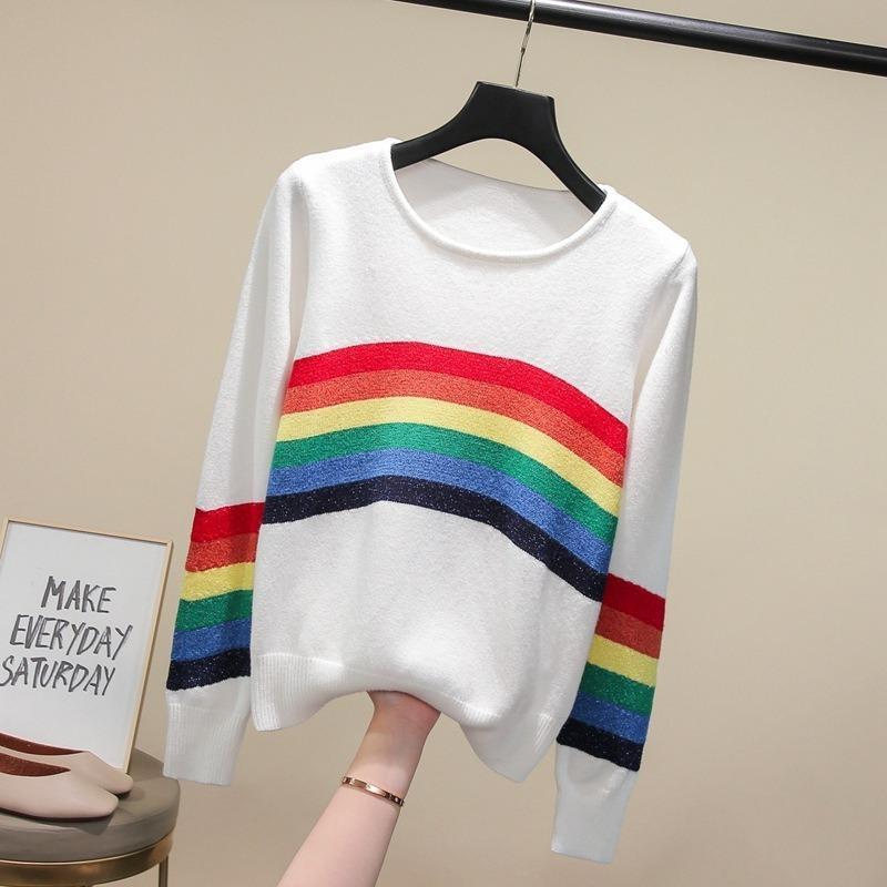 

2020 autumn winter new style wear striped rainbow bright silk slim knit bottom loose-fitting western style coat female, White