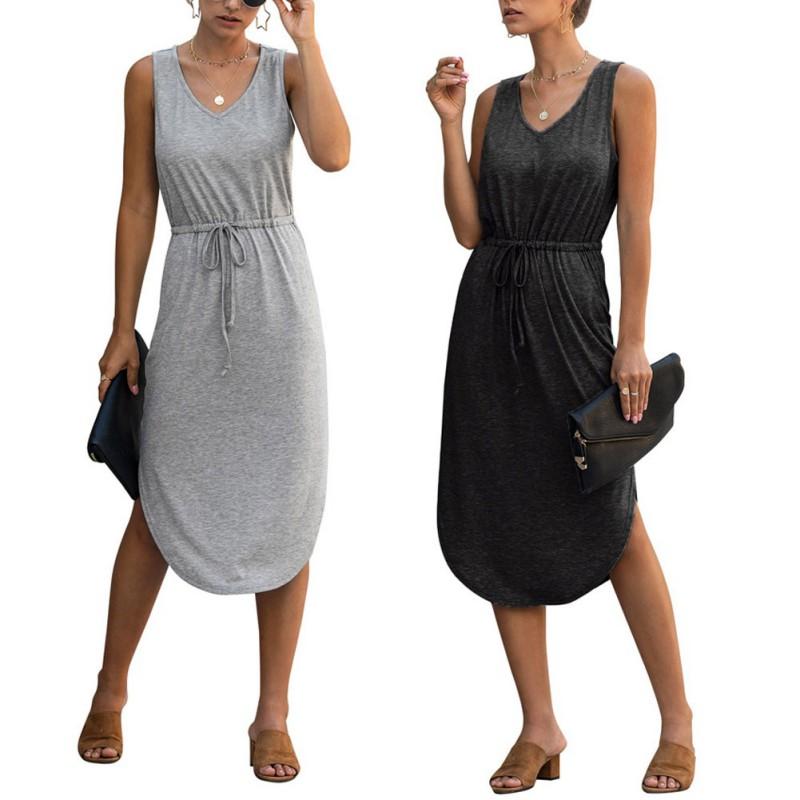 

Fashion Elegant Summer 2020 Fashion Casual Solid Color V-neck Tether Women Vest Long Dress