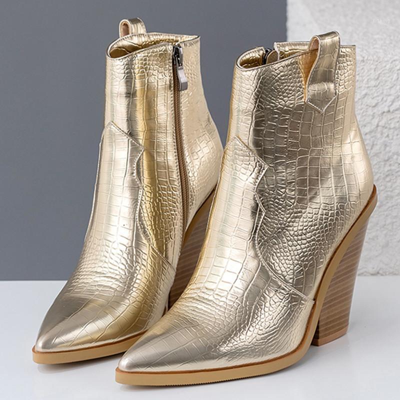

AGODOR Snake Print Ankle Boots for Women Autumn Winter Western Cowboy Boots Wedge High Heel Gold Silver Fashion Shoes1