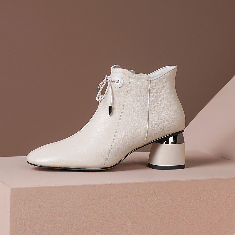 

2021 New High Heels Genuine Leather Women Bowties Ankle Boots Warm Big Size Party Prom Shoes Woman P5mg, Beige