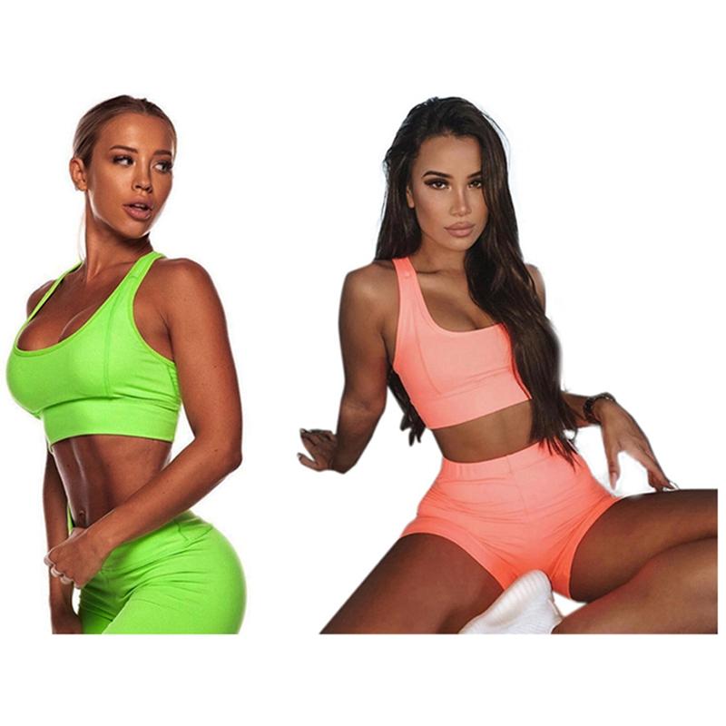 

2 Set Summer Green Sets Women Sportswear Women Casual Gym Clothing Sexy Yoga Set Tracksuit  Fluorescent Green & Orange, As shown