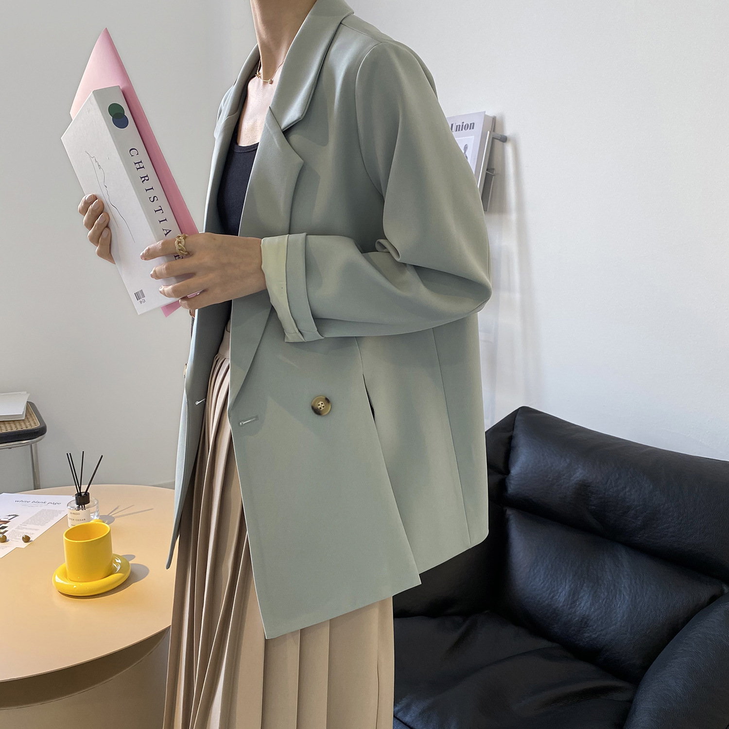 

2021 New Spring Turn Down Collar Blazer Vintage Ladies Coat Casaco Feminino Tops for Women Blazers Ti01, Green