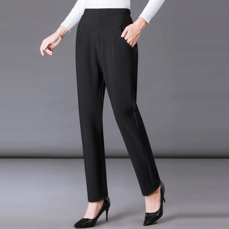 

Women 2021 Autumn Winter Fashion Middle-aged Loose Trousers Female Elastic Waist Straight Pants Ladies Plaid Warm Pants W468, Black