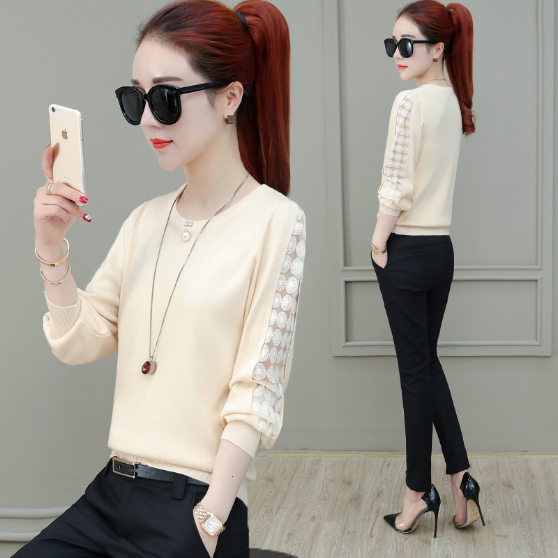 

2021 New Knitting Shirt Autumn Long Sleeves O-neck Women T-shirts Casual Pullovers Solid Wild Female Ice Silk Lace Sweater Tops Tees Y144 Ow, Black