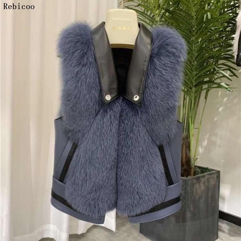 

New Natural Fur Vests Long Real Fur Gilets Winter Waistcoats with Genuine Leather Rivet European Women Jackets, Lavender