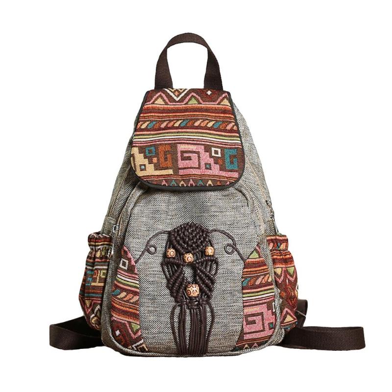

Hot!!! Ethnic Embroidery Flower Woven Beaded Tassel Flap Women Backpack Shoulder Bag, Light gray