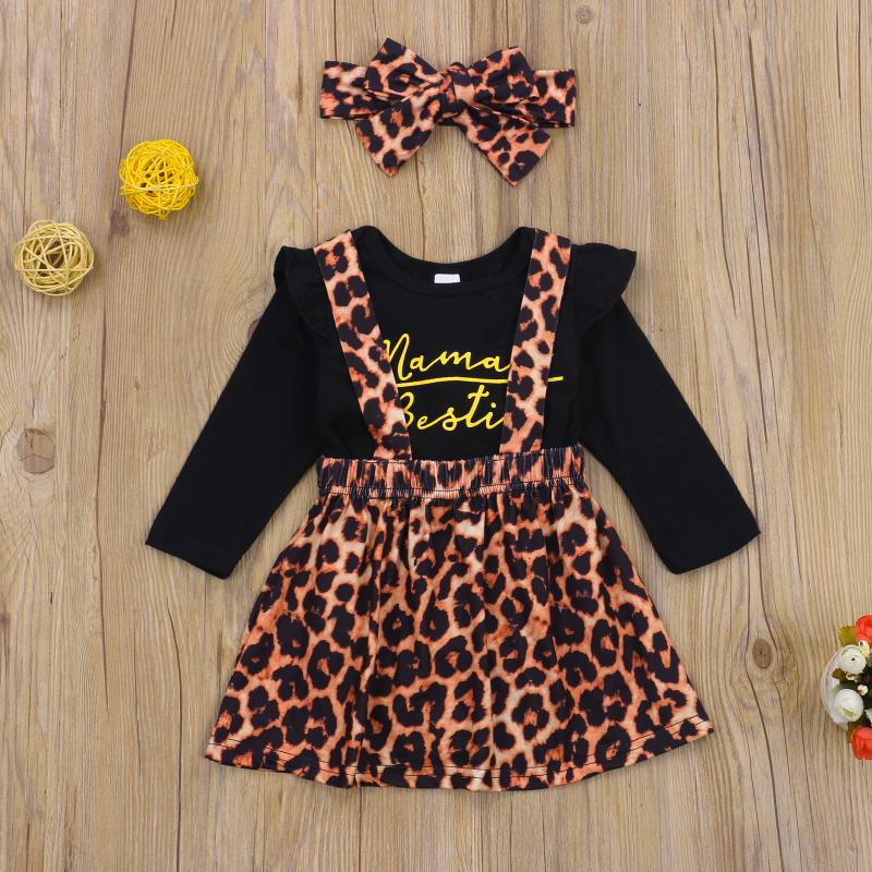 

Pudcoco Newborn Baby Girl Clothes Letter Print Round Neck Sleeve Romper Leopard Print Strap Skirt Headband 3Pcs Outfits Set, Black