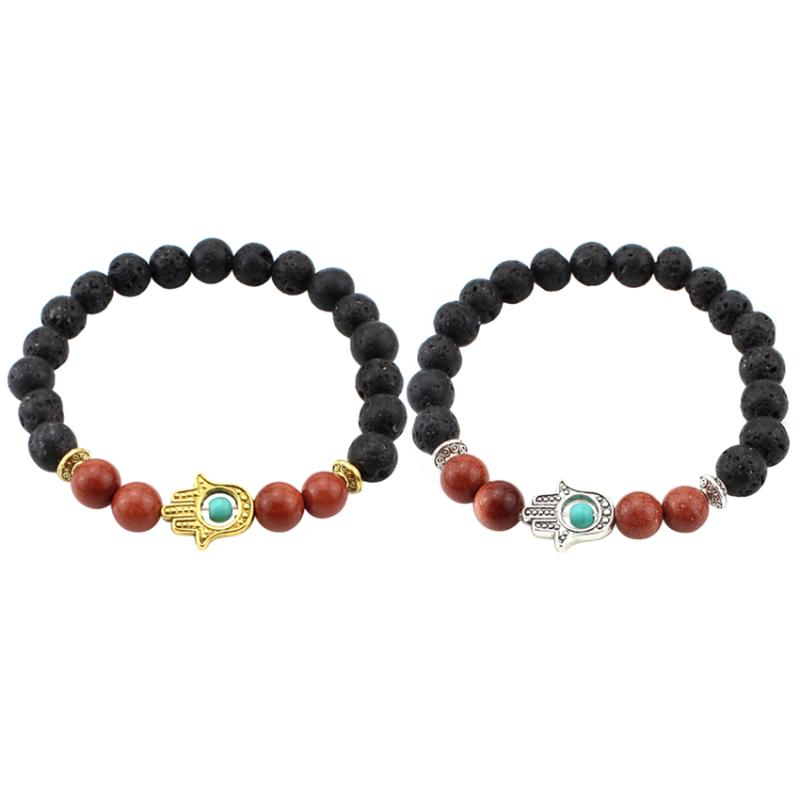 

Beaded, Strands Black Lava Natural Stone Bead Bracelet Hamsa Hand Charm For Men And Women Fashion Buddha
