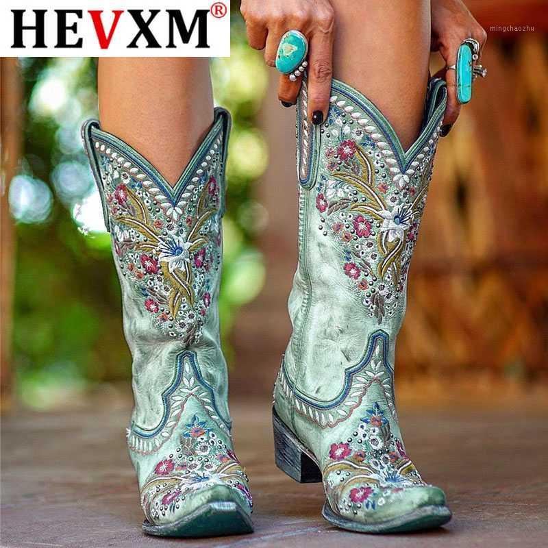 

Women's Embroidery Mid-Calf Boots Woman Thigh High Shoes Female Pumps Ladies Pointed Toe Mid Heels Women Footwear Plus Size 431, Green
