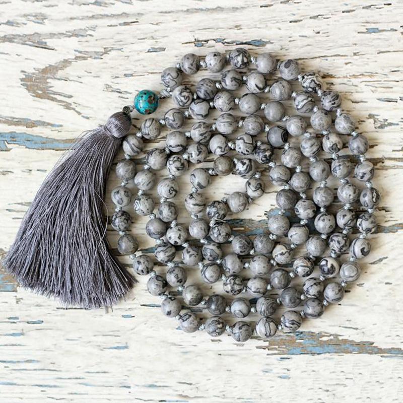 

108 Prayer Beads Buddhist Jewelry 8mm Grey Marble Beads Yoga Gift Mens Long Grey Tassel Stone Knotted Necklace For Man1