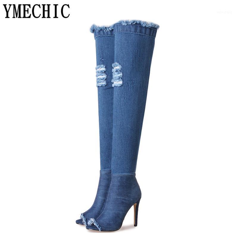 

YMECHIC 2020 Autumn Peep Toe Thigh High Denim Boots Female Plus Size Sexy High Heels Over The Knee Boots Womens Heels Shoes1, Short