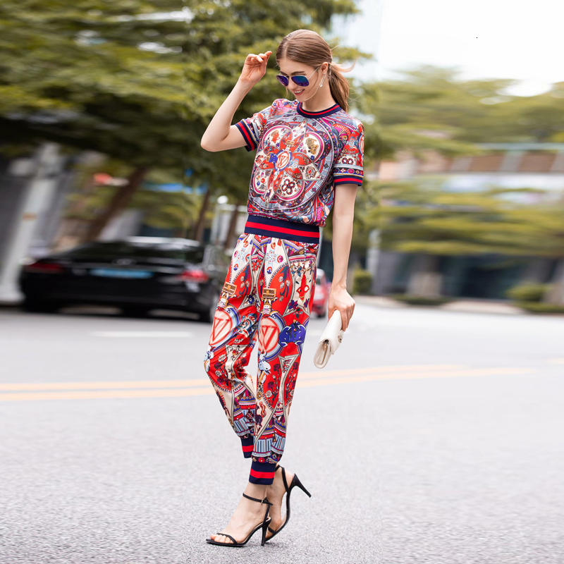 

Boho Italia High Quality Designer 2021 Summer New Female Mode Set Occasional Chiffon Print Party T-shirt Pants Two Parts Together Hgwh, Multiple