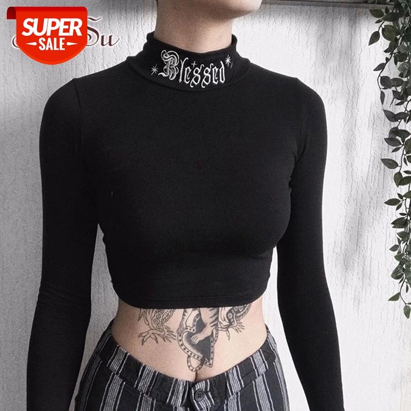 

ArtSu Fashion Letter Embroidery Black T shirt 2020 Long Sleeve Cotton Crop Tops Gothic Streetwear Autumn Casual Tops TS28048 #0n8D, White