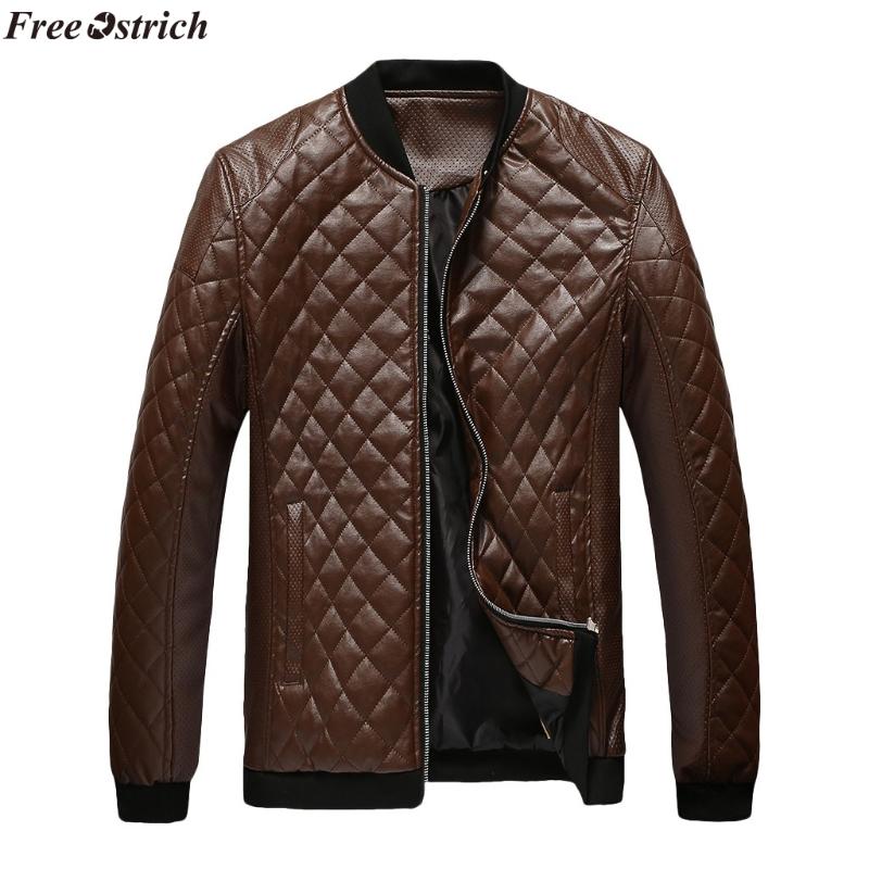 

FREE OSTRICH Men Jacket 2020 Men's Autumn Winter Geometric Print Faux Leather Casual Jacket,Windproof jacket, Black