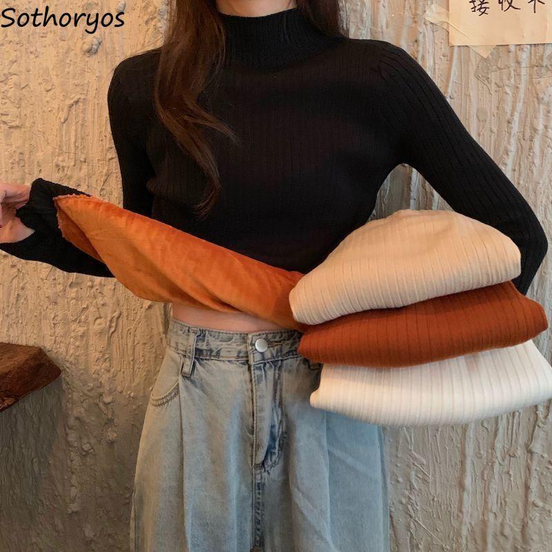 

Women Pullovers Winter Plus Velvet Thickening Solid Turtleneck Simple Ribbed Knitted Sweater Warm All-match Slim Fit Ulzzang New, Black
