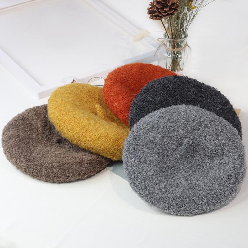 

Winter Warm faux Wool Beret Women Girls French Artist Hat Cap red black purple beige orange Flat Top caps warmers, White