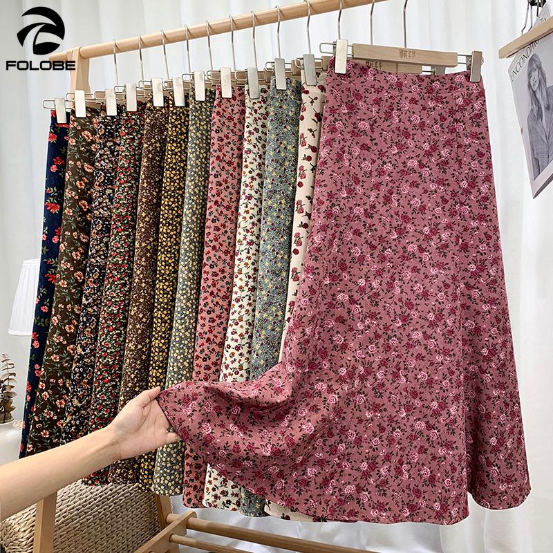 

FOLOBE 2020 Vintage Autumn Winter Shredded Flower Skirt Women Corduroy High Waist Mermaid Skirt Casual Printed Mid-Calf, Color 14