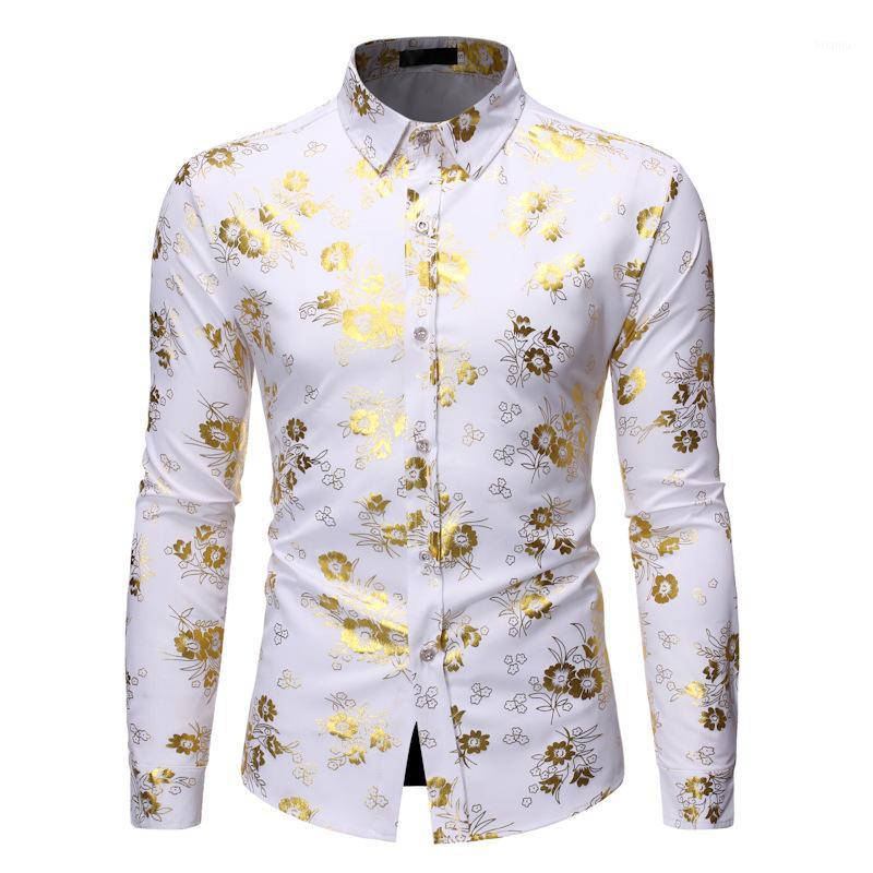 

Men' Fancy Flowered Gold Print Dress Shirt Men 2020 Brand New Luxury Design Slim Fit Men Tuxedo Shirts for Club Party Disco1, White