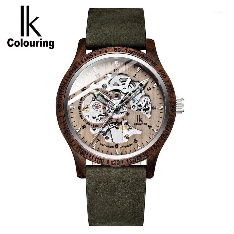 

IK Colouring Wooden Mechanical Watch Men Relogio Masculino Leather Strap Wood Watch Skeleton Auto Mechanical Wristwatch Silver1, Green sandal rose