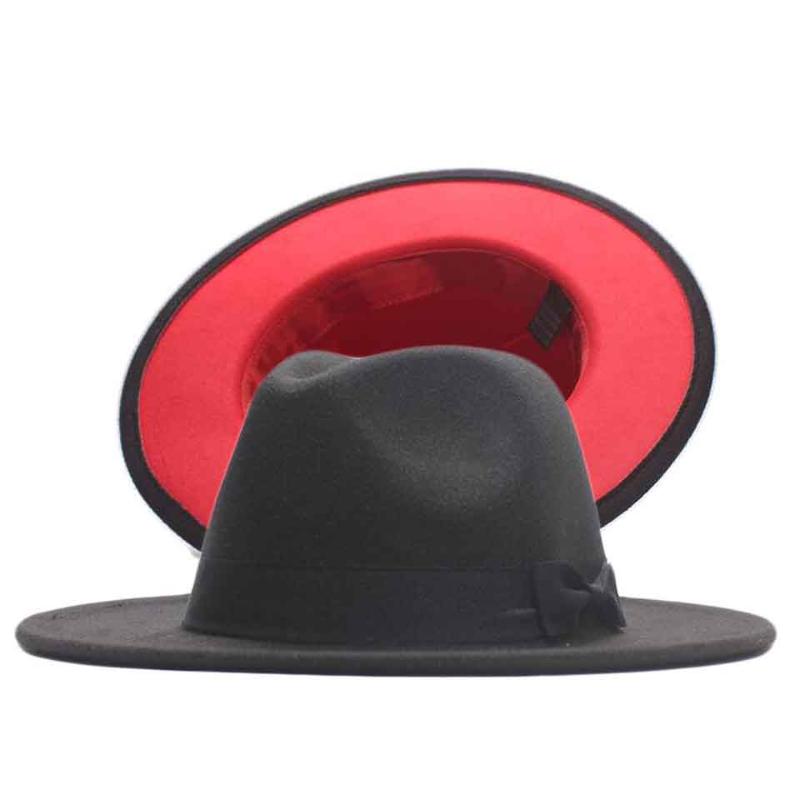 

Fashion Unisex Outer black Inner Red Lmitate Wool Felt Jazz Fedora Hats with Men Women Wide Brim Boater Top Panama Trilby Cap, C0213