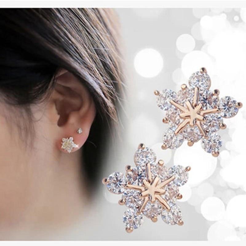 

New Cute Winter Snowflake Earrings Fine Jewelry for Women Fashion Rhinestone Crystal Rose Gold Stars Stud Earring Party Gift