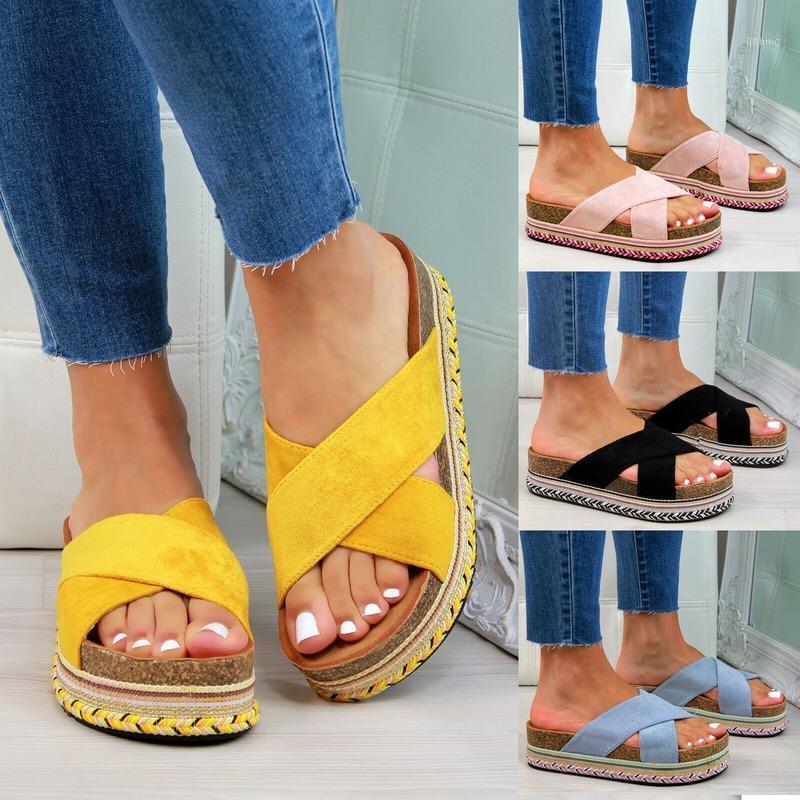 

2020 Ladies Ethnic Wind Cross Slippers Thick Bottom Sponge Cake with Beach Shoes Women Wear Slippers New1, Yellow