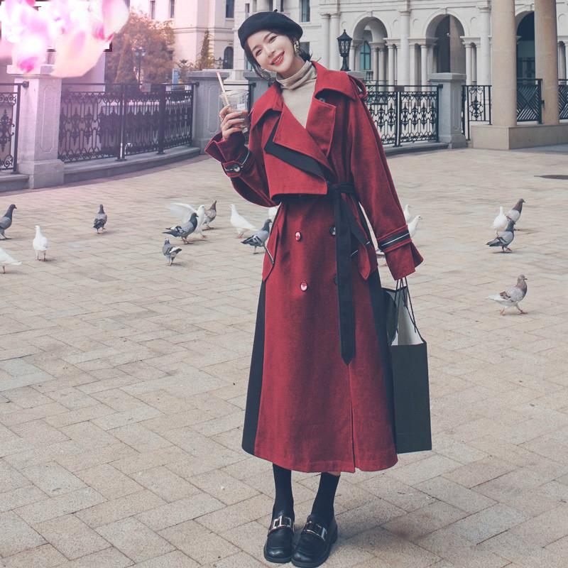 

Women Winter Coat Wool Blends 2020 Loose Casual Splice Double Breasted Long Overcoat Female Elegant Korean Belted Trench Jacket, Burgundy