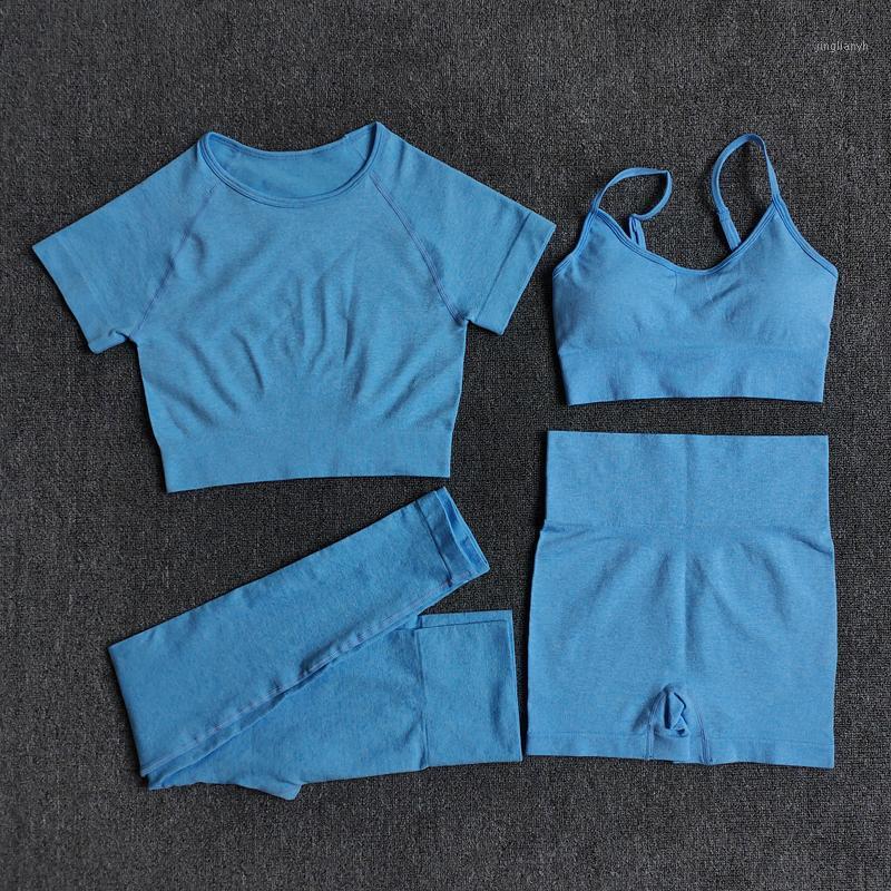 

2/3/4PCS Yoga Set Workout Seamless Women Sportswear Gym Clothing Sports Suits Fitness Short Sleeve Crop Top High Waist Leggings1, Brashortswhite