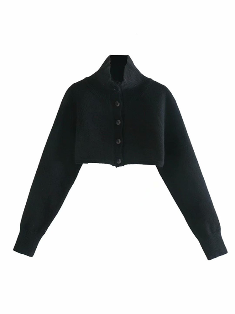 

2021 New Women Knitted Cropped Cardigan Sweaters Female Short Coat Turtleneck Single Breasted Knitwear Spring Autumn Solid Shawl Jacket H27a, Black
