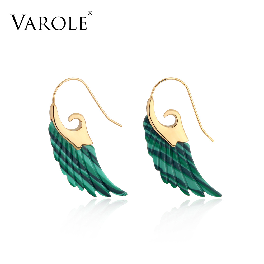 

VAROLE Colorful Natural Stone Feather design Dangle Earrings Unique Gold Color Long Drop Earrings For Women Earings Brincos