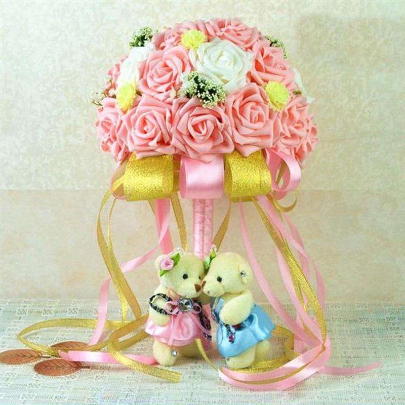 

100% New Handmade Mixed Color PE Rose Artificial Flowers Bridal Bouquets Hand Holding Flower Wedding Bouquet Decorative, Pink