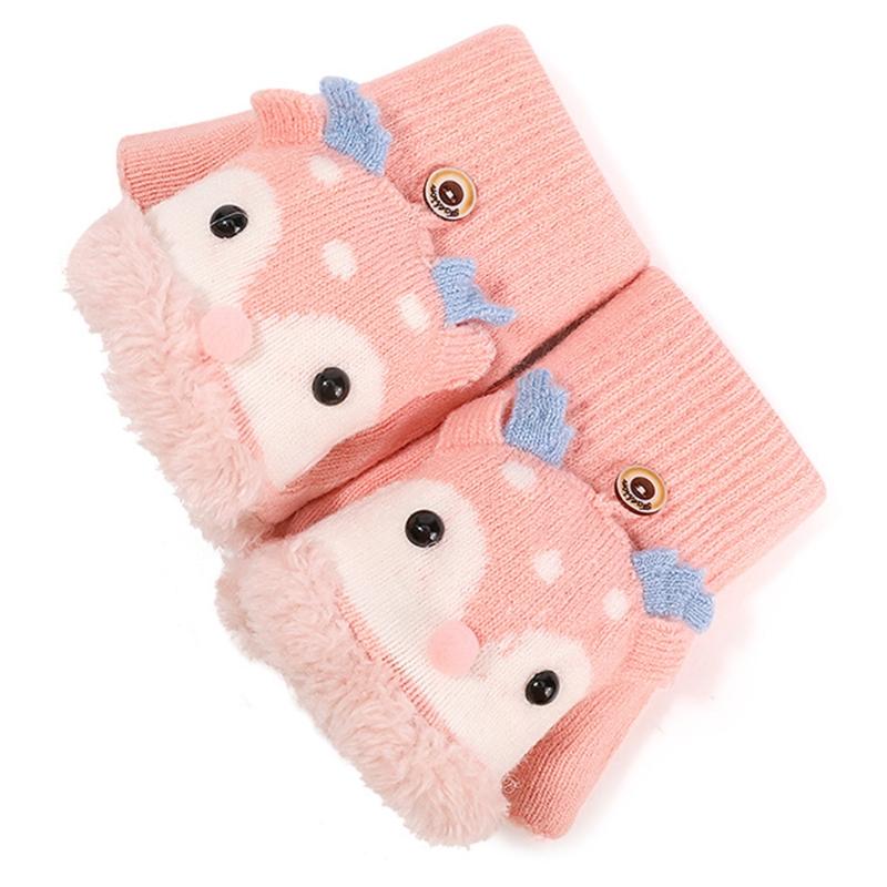 

Kids Winter Knit Convertible Gloves Cartoon Reindeer Plush Lined Flip Top Mitten LX9E