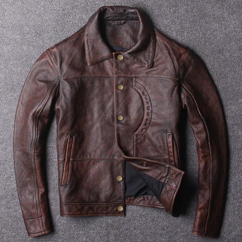 

New Autumn Vintage Solid Genuine Leather Jacket Mens High Quality Single Breasted Turn-Down Collar Cowhide Real Leather Jacket